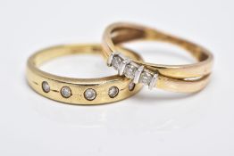 TWO 9CT GOLD DIAMOND RINGS, the first of a crossover design, set with three round brilliant cut
