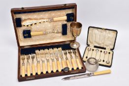 A BOX OF ASSORTED SILVER ITEMS, to include a silver goblet of a plain polished design, worn gilt