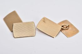 A PAIR OF 9CT GOLD CUFFLINKS, each of a rounded rectangular shape, engine turn design, hallmarked