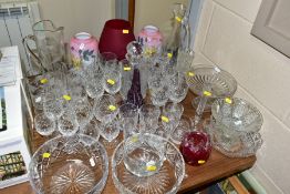 A GROUP OF CUT GLASS AND COLOURED GLASS, to include an etched lemonade set (7), a pair of opaline