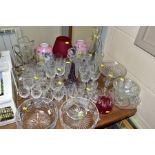 A GROUP OF CUT GLASS AND COLOURED GLASS, to include an etched lemonade set (7), a pair of opaline