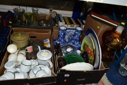 FIVE BOXES OF CERAMICS, GLASS AND BOOKS ETC, to include Noritake 'Legendary' coffee pot, six cups