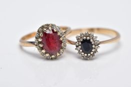 A 9CT GOLD GARNET CLUSTER RING AND A YELLOW METAL SAPPHIRE AND DIAMOND CLUSTER, the first designed