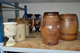 A SMALL QUANTITY OF STONEWARE BARRELS AND FLAGONS, the two flagons named 'Atkinson's Brewery Ltd,