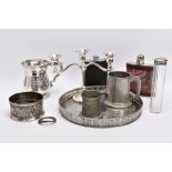 A SELECTION OF WHITE METAL ITEMS, to include a silver plated on copper round tray, with a pierced