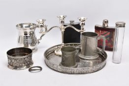 A SELECTION OF WHITE METAL ITEMS, to include a silver plated on copper round tray, with a pierced