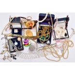 A BOX OF ASSORTED COSTUME JEWELLERY AND OTHER ITEMS, to include a cultured pearl necklace and