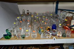 A COLLECTION OF DRINKING GLASSES, PAPERWEIGHTS, JUGS, DECANTERS AND VASES, ETC, including a suite of