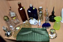 A SMALL GROUP OF SCENT BOTTLES, EVENING BAGS, BOTTLES, etc, to include a Royal Albert 'Melody'