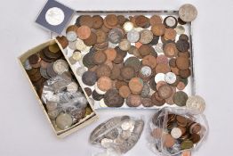 A CARDBOARD TRAY AND BOX OF MIXED WORLD COINS, to include a varied selection Palestine 100 mils, two
