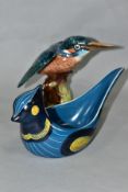 A SWEDISH JIE GANTOFTA BOWL IN THE FORM OF A BIRD, turquoise glaze with black and yellow detail,