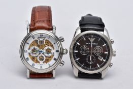 TWO GENTS CHRONOGRAPH WRISTWATCHES, the first with a round black dial signed 'Emporio Armani', baton