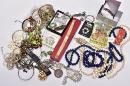 TWO BOXES OF MOSTLY COSTUME JEWELLERY, to include a baroque cultured pearl necklace, a large