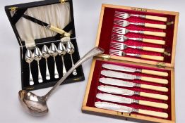 TWO CASED SETS OF FLATWARE AND A 'MAPPIN AND WEBB' LADLE, to include an Edwardian twelve piece