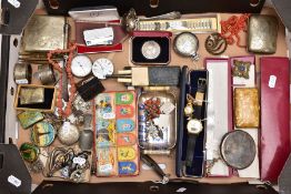 A BOX OF ASSORTED ITEMS, to include two white metal cigarette cases, white metal napkin rings,