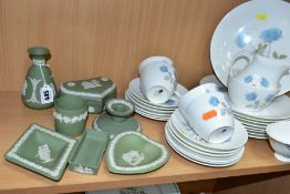 A GROUP OF WEDGWOOD, to include seven green jasperware trinkets (small bird vase, height 12cm,