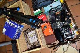 A BOX OF PHOTOGRAPHY EQUIPMENT, THREE SQUARE WICKER BASKETS AND A BOOK 'THE CORONATION STREET STORY'