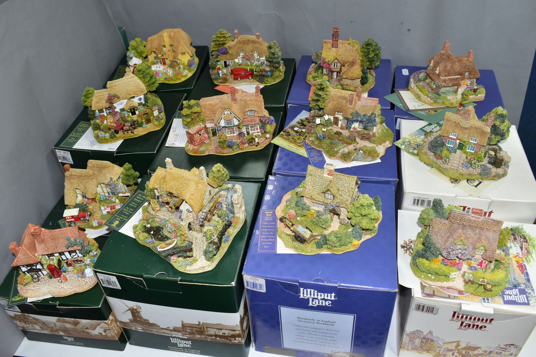 THIRTEEN BOXED LILLIPUT LANE ANNIVERSARY SCULPTURES, all with deeds, 'Cotman Cottage' 1993, '