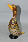 AN ITALIAN MURANO ART GLASS SCULPTURE OF A DUCK, by Franco Moretti, pulled feather pattern in brown,