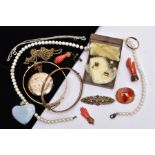 A BAG OF ASSORTED JEWELLERY, to include a cultured pearl strand necklace fitted with a lobster