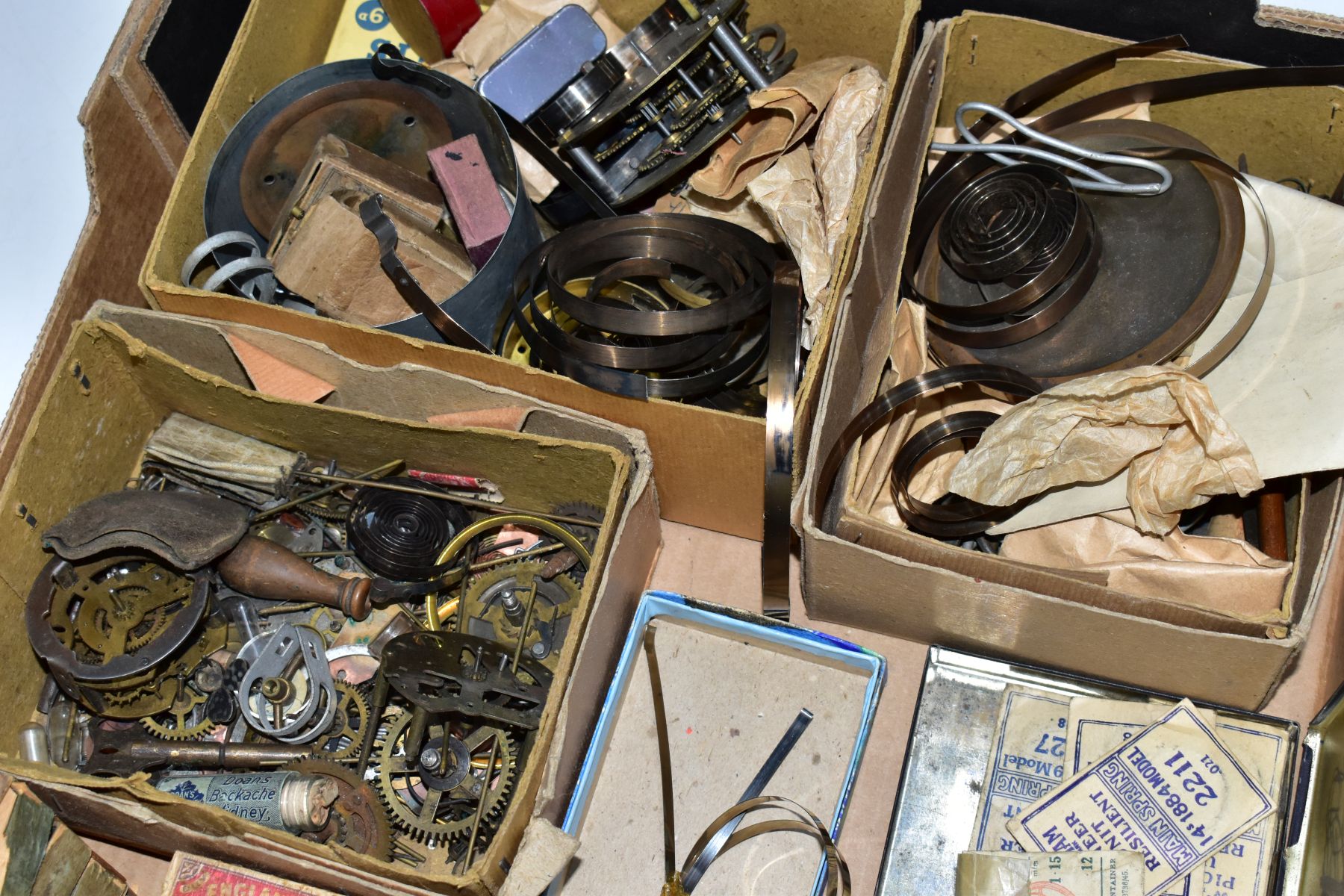 TWO BOXES OF ASSORTED WATCH MAKERS PARTS, GLASSES, COGS, SPRINGS, CROWNS, DECONSTTUCTED WATCH - Image 13 of 30