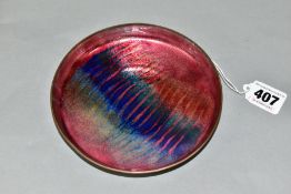 A LATE 20TH CENTURY NORWEGIAN ENAMEL ON COPPER DISH, the interior with metallic enamels in red, blue