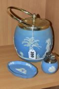 THREE PIECES OF WEDGWOOD PALE BLUE JASPERWARE, comprising a biscuit barrel with plated mounts, an