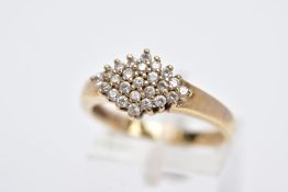 A 9CT GOLD CUBIC ZIRCONIA CLUSTER RING, of a lozenge form, set with circular cut cubic zirconia,