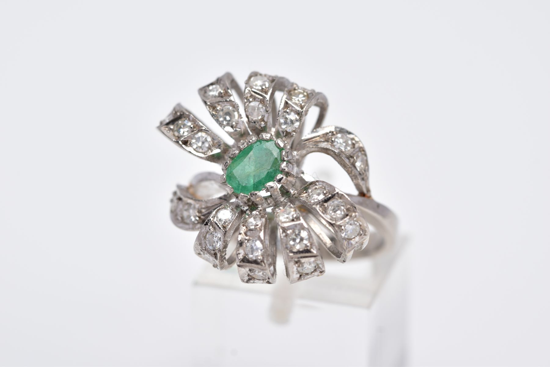 A WHITE METAL EMERALD AND DIAMOND RING, set with a central oval cut emerald (internal fracture - Image 2 of 10