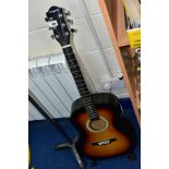 A MARTIN SMITH ACOUSTIC GUITAR, a guitar stand and a vintage microphone stand (3)