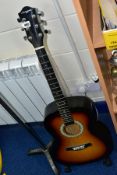 A MARTIN SMITH ACOUSTIC GUITAR, a guitar stand and a vintage microphone stand (3)