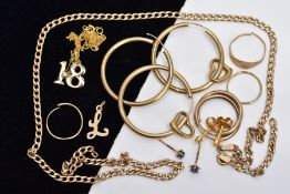 A BAG OF YELLOW METAL JEWELLERY, to include a broken curb link chain fitted with a spring clasp,
