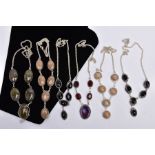 SIX WHITE METAL, SEMI PRECIOUS GEMSTONE SET NECKLACES, to include a green agate cabochon necklace