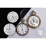 TWO OPEN FACE POCKET WATCHES, TWO POCKET WATCH FACES AND GLASS, the first with a white dial, Roman