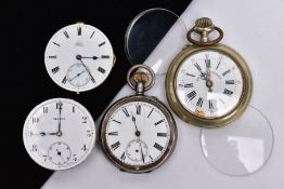 TWO OPEN FACE POCKET WATCHES, TWO POCKET WATCH FACES AND GLASS, the first with a white dial, Roman