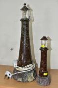 TWO CORNISH SERPENTINE TABLE LAMPS IN THE FORM OF LIGHTHOUSES, the smaller lamp lacks wiring and has