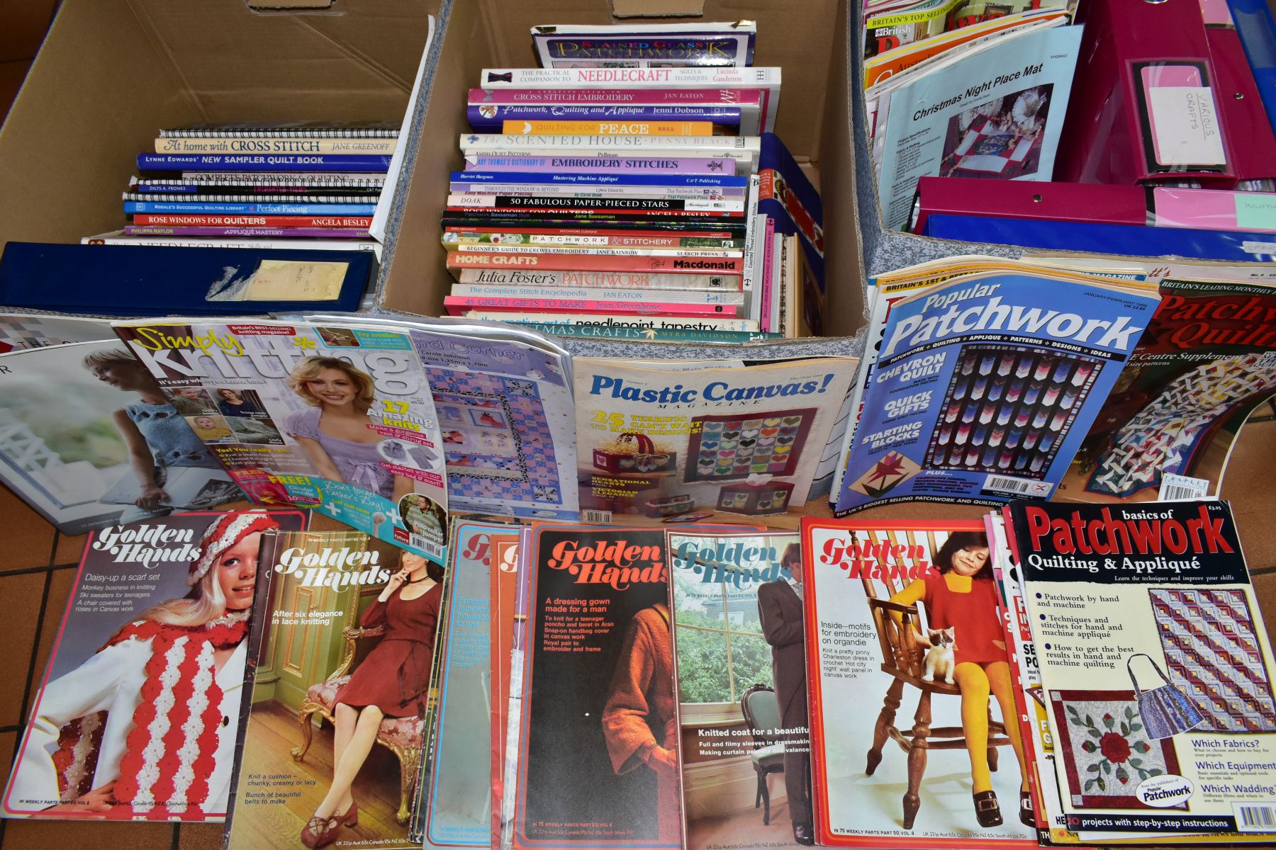 THREE BOXES OF BOOKS, PATTERNS AND MAGAZINES, relating to needlecraft, knitting and other craftwork,