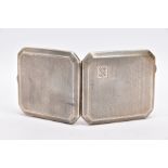 A SILVER CIGARETTE CASE, of a square form, engine turn design with an engraved monogram, push button
