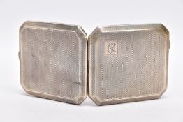 A SILVER CIGARETTE CASE, of a square form, engine turn design with an engraved monogram, push button