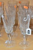 A SET OF SIX WATERFORD CRYSTAL LISMORE PATTERN CHAMPAGNE FLUTES, etched marks, height 18.5cm (6) (