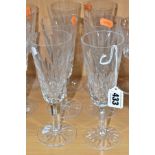 A SET OF SIX WATERFORD CRYSTAL LISMORE PATTERN CHAMPAGNE FLUTES, etched marks, height 18.5cm (6) (