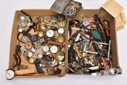 TWO BOXES OF ASSORTED POCKET WATCHES, WRISTWATCHES, WATCH STRAPS AND PARTS, such as an Omega