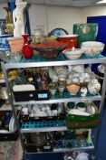 SEVEN BOXES AND LOOSE CERAMICS AND GLASSWARE, etc including jardinieres, Royal Doulton 'Hill Top'
