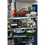 SEVEN BOXES AND LOOSE CERAMICS AND GLASSWARE, etc including jardinieres, Royal Doulton 'Hill Top'