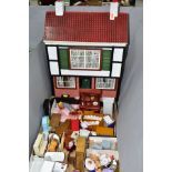 A WOODEN DOLLS HOUSE, modelled as a two storey town house, front opening to reveal two rooms,
