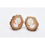 A PAIR OF YELLOW METAL CAMEO NON-PIERCED EARRINGS, each of an oval form, depicting a lady in profile