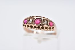 A 9CT GOLD RUBY AND DIAMOND BOAT RING, designed with a row of circular cut rubies interspaced with