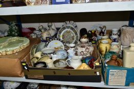 FOUR BOXES OF CERAMICS AND LOOSE, including a Pendelfin display stand, assorted late 19th and 20th