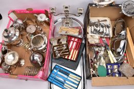 TWO BOXES OF ASSORTED METALWARE, to include pieces such as EPNS teapots, a silver plated cocktail