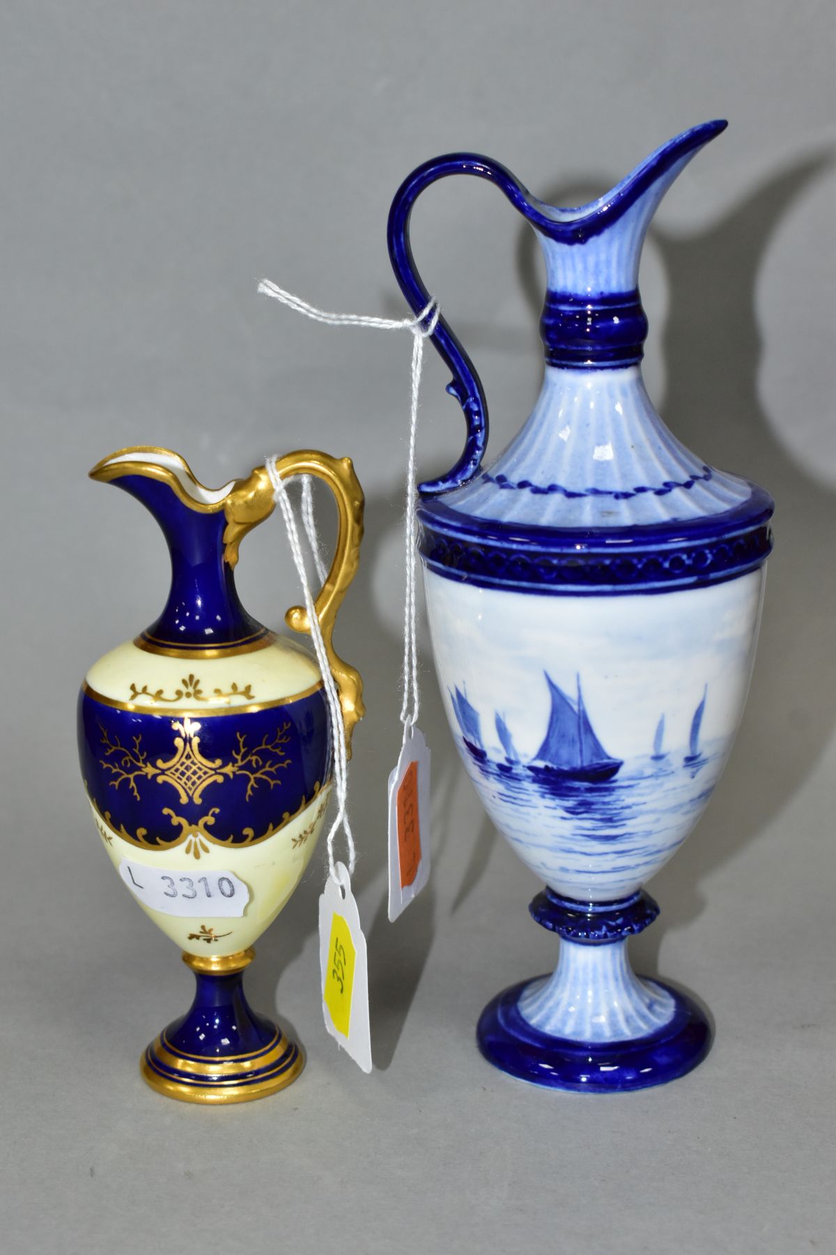 AN EARLY 20TH CENTURY COALPORT TOY EWER, blue and pale yellow ground with gilt detail and painted - Image 3 of 8